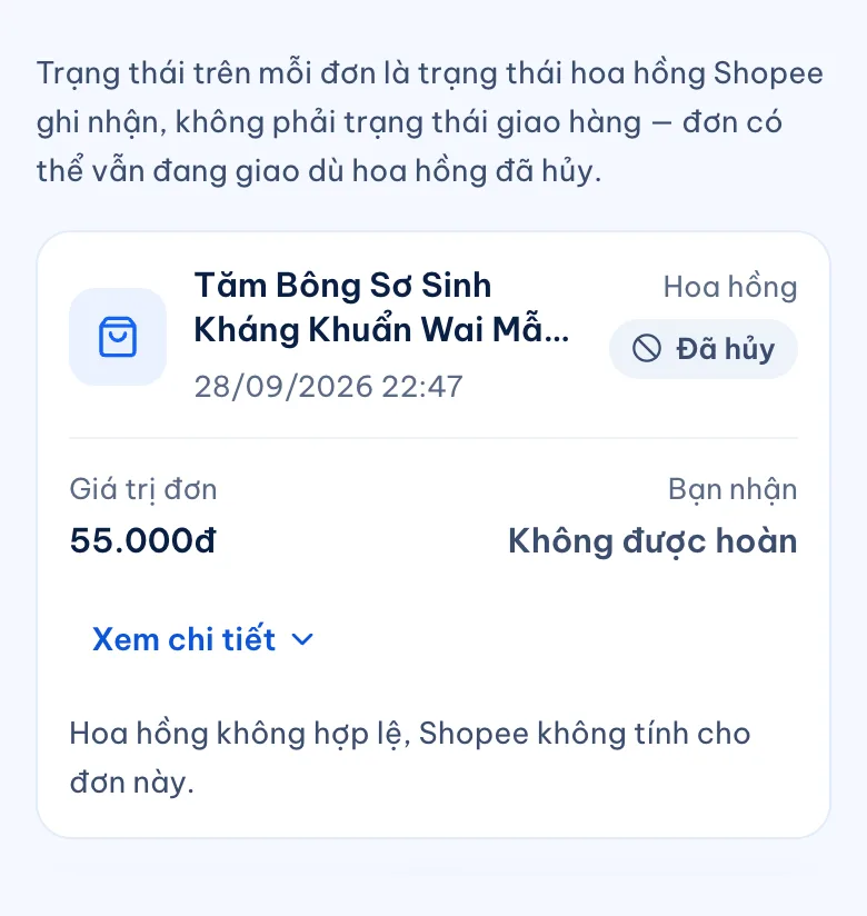 Mục Đơn hàng trên chiahoahong.com: đơn tăm bông ngày 28/09/2026, giá trị 55.000đ, hoa hồng Đã hủy, Bạn nhận: Không được hoàn, ghi chú: Hoa hồng không hợp lệ, Shopee không tính cho đơn này
