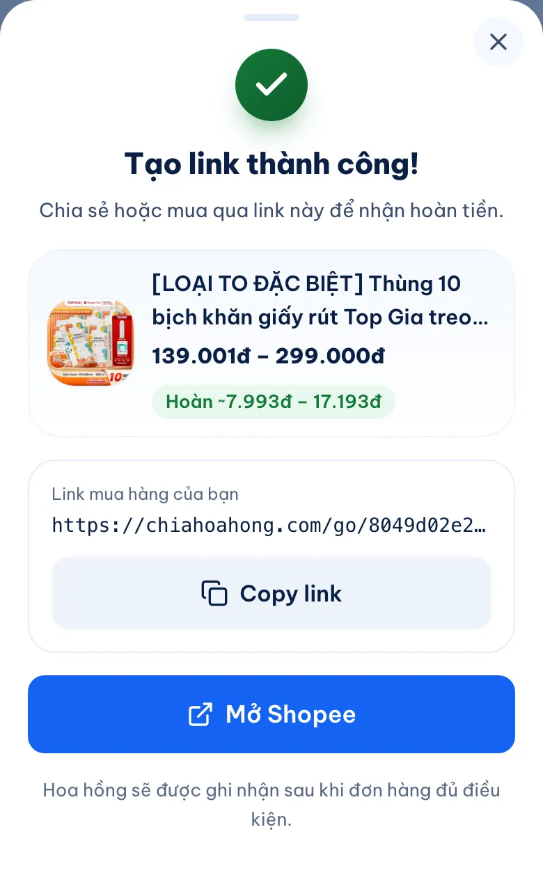 Popup tạo link trên chiahoahong.com: thùng khăn giấy Top Gia giá 139.001đ đến 299.000đ, hoàn khoảng 7.993đ đến 17.193đ