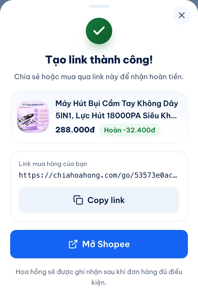 Popup tạo link trên chiahoahong.com: máy hút bụi cầm tay không dây giá 288.000đ, hoàn khoảng 32.400đ