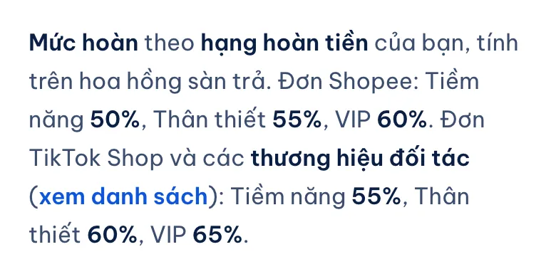 Trang Chính sách hoàn tiền của chiahoahong.com ghi mức hoàn theo hạng: Shopee 50%, 55%, 60%; TikTok Shop và thương hiệu đối tác 55%, 60%, 65%