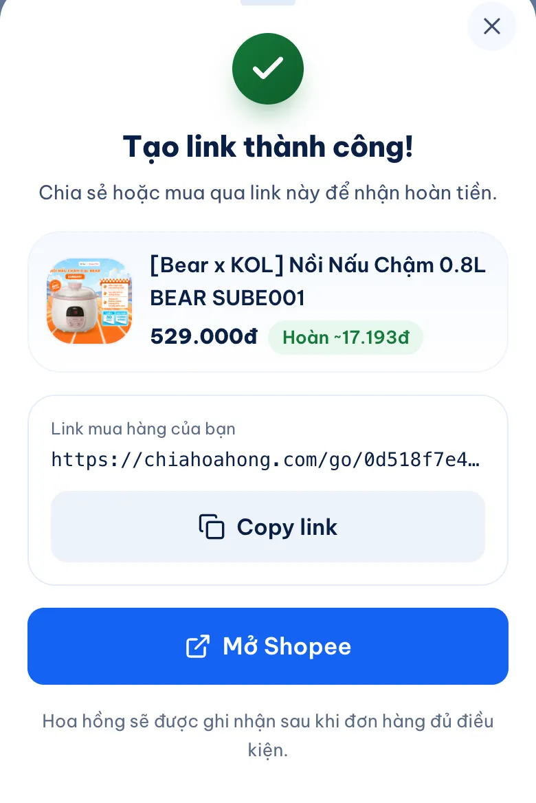 Popup tạo link trên chiahoahong.com: nồi nấu chậm Bear 0.8L giá 529.000đ, hoàn khoảng 17.193đ