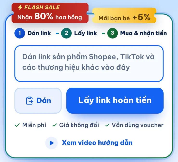 Ô dán link trên trang chủ chiahoahong.com: ba bước Dán link, Lấy link, Mua và nhận tiền, ô nhập link sản phẩm, nút Dán và nút Lấy link hoàn tiền, dòng Miễn phí, Giá không đổi, Vẫn dùng voucher