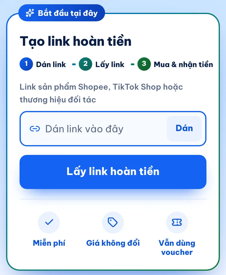 Thẻ Tạo link hoàn tiền trên trang chủ chiahoahong.com: ô dán link sản phẩm, nút Lấy link hoàn tiền, ba dòng Miễn phí, Giá không đổi, Vẫn dùng voucher