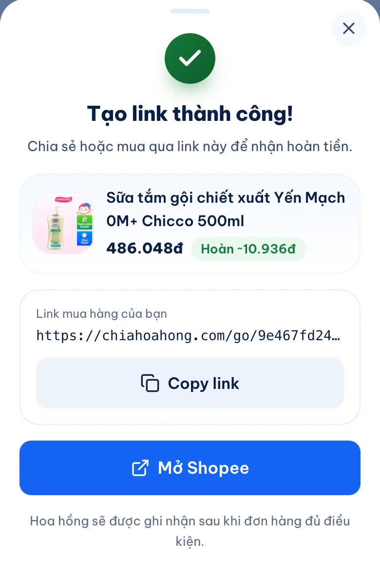 Popup Tạo link thành công trên chiahoahong.com: sữa tắm gội Chicco 500ml giá 486.048đ, hoàn khoảng 10.936đ, kèm nút Copy link và Mở Shopee