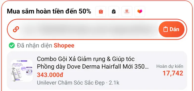 Màn hình Riokupon: mua sắm hoàn tiền đến 50%, combo gội xả Dove 343.000đ, hoàn dự kiến 17.742