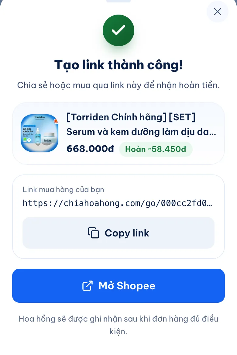 Popup tạo link trên chiahoahong.com: bộ serum và kem dưỡng Torriden giá 668.000đ, hoàn khoảng 58.450đ