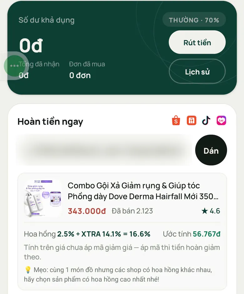 Màn hình app Shopping Tiết Kiệm: thẻ ví ghi hạng Thường 70%; sản phẩm combo gội xả Dove 343.000đ ghi hoa hồng 2.5% + XTRA 14.1% = 16.6%, ước tính 56.767đ