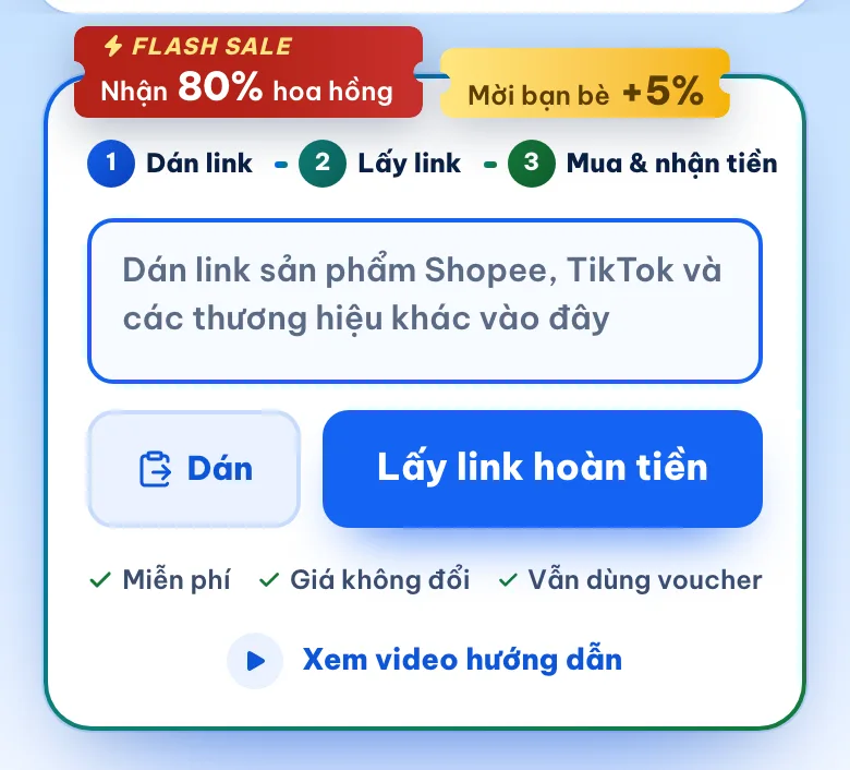 Ô tạo link trên trang chủ chiahoahong.com trên điện thoại: ô dán link sản phẩm, nút Dán và nút Lấy link hoàn tiền, kèm ba dòng Miễn phí, Giá không đổi, Vẫn dùng voucher